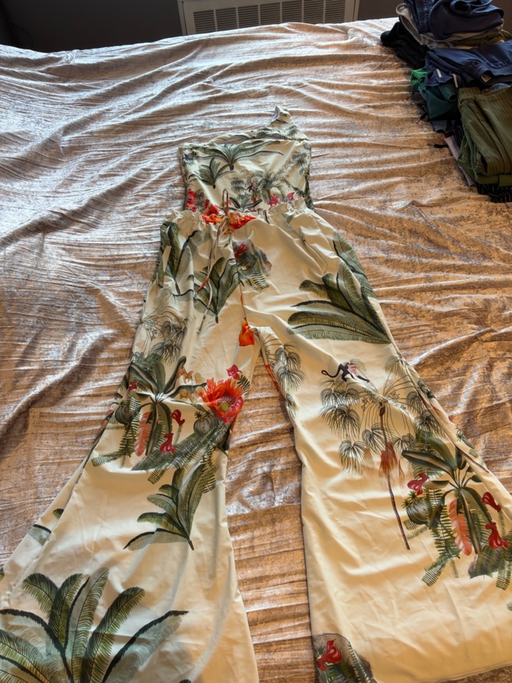 Floral Tropical Wide-Leg swim cover up with 1  shoulder 1 piece swimsuit